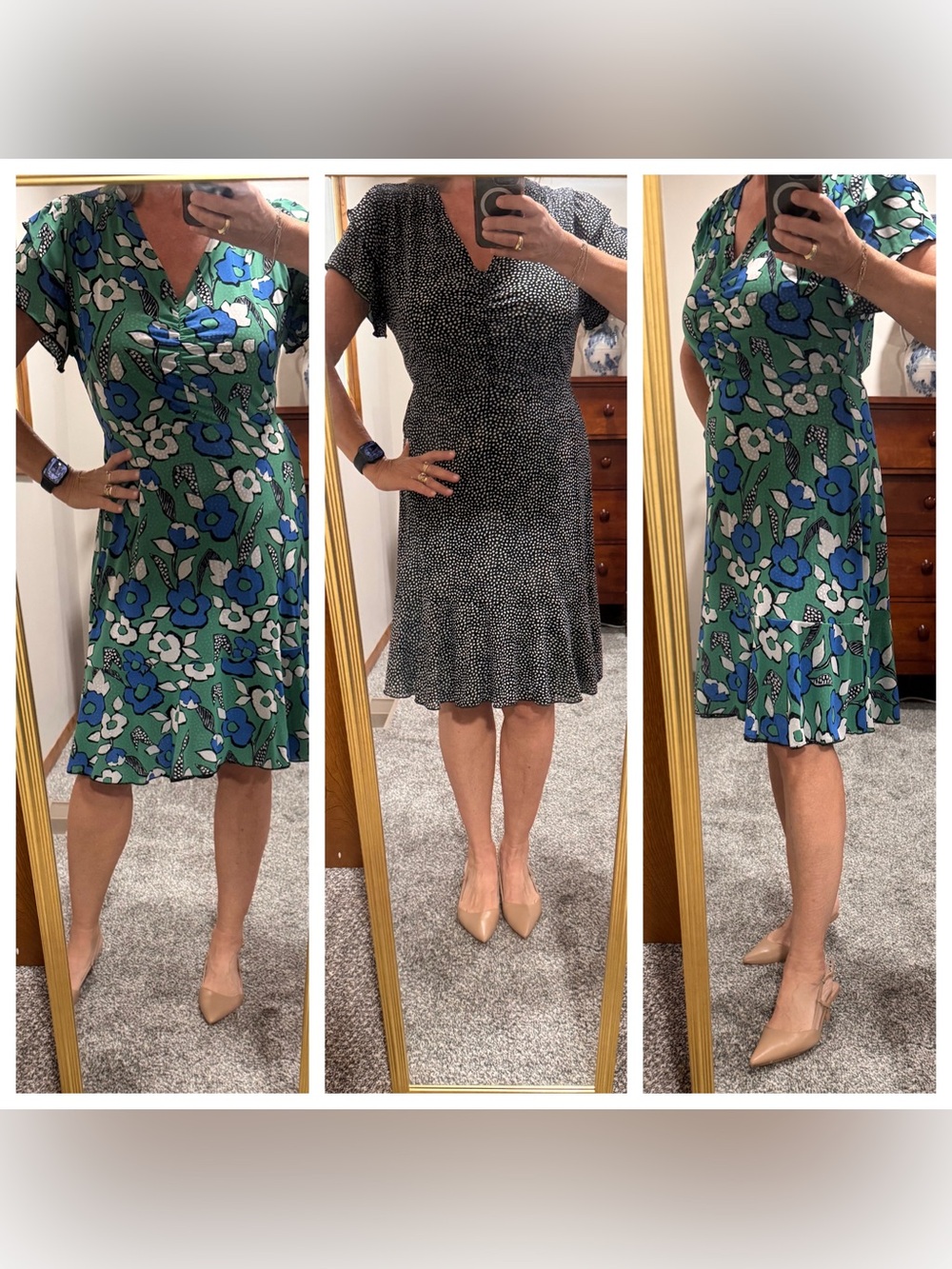 CAbi REVERSIBLE B & W/Green and Blue Floral Fit-and-Flare Dress